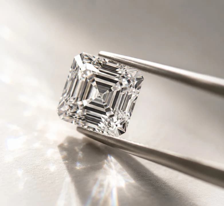 An emerald-cut lab-grown diamond held in tweezers